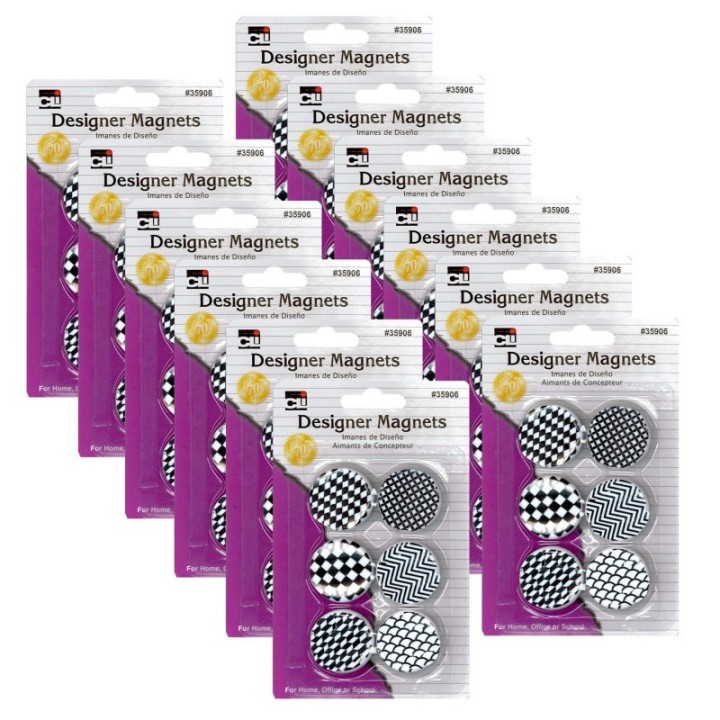 Charles Leonard Designer Button Style Magnets, Super Strong - Assorted Black & White Designs, 6 Per Pack, 12 Packs