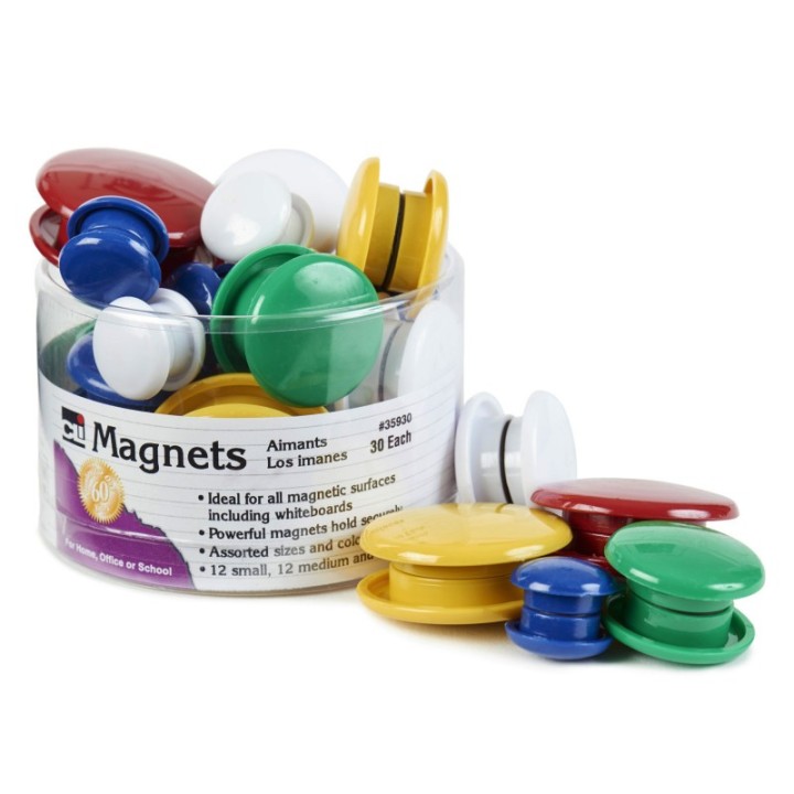 Charles Leonard Round Magnets, Assorted Sizes & Colors, Tub of 30