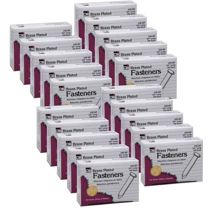 Charles Leonard Brass Plated Paper Fasteners, 3/4", 100 Per Box, 20 Boxes