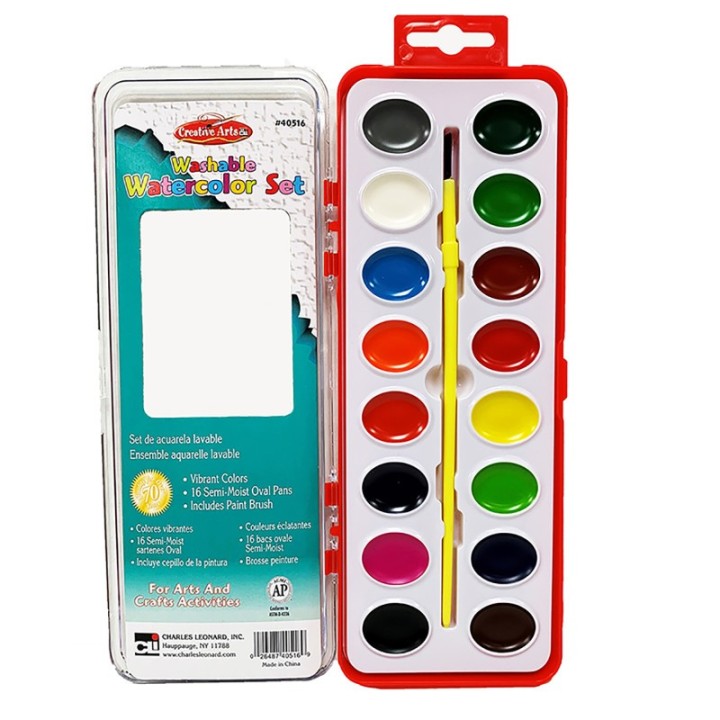 Charles Leonard Washable Water Color Set, Oval Pan w/Brush, 16 Assorted Colors, 1 Set