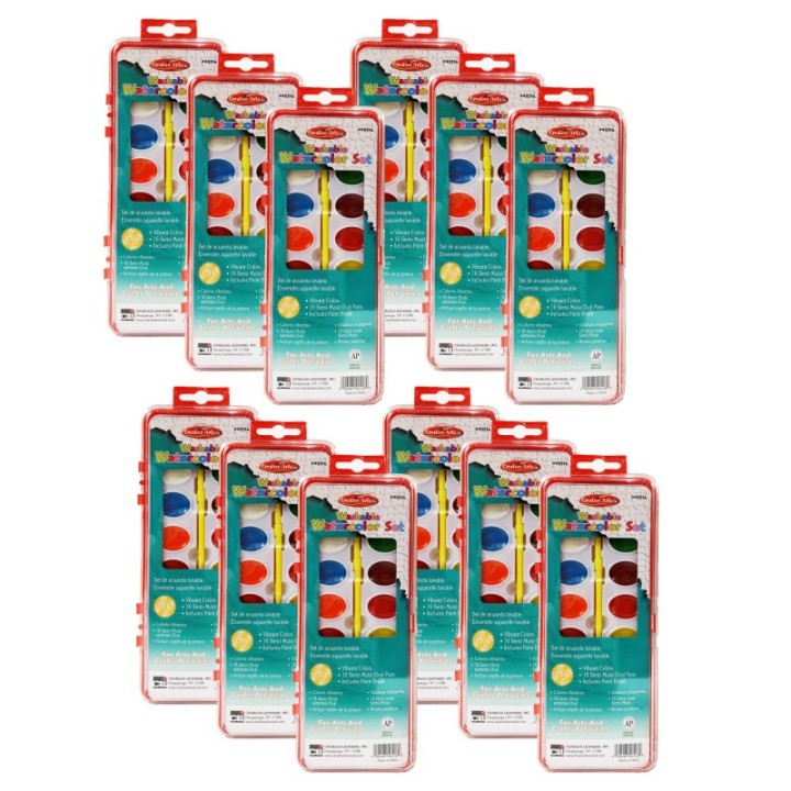 Charles Leonard Washable Water Color Set, Oval Pan w/Brush, 16 Assorted Colors, 12 Sets