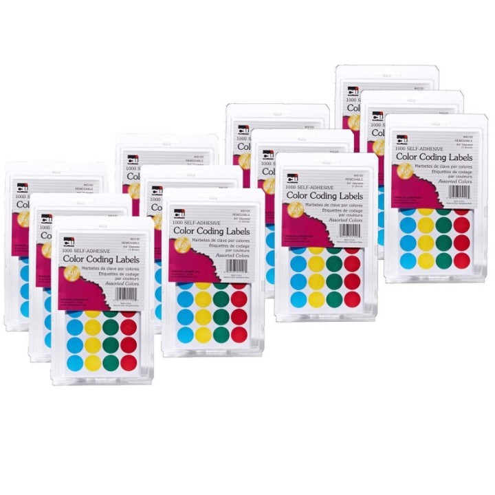 Charles Leonard Self-Adhesive Color-Coding Labels, Assorted Colors, 1000 Per Pack, 12 Packs