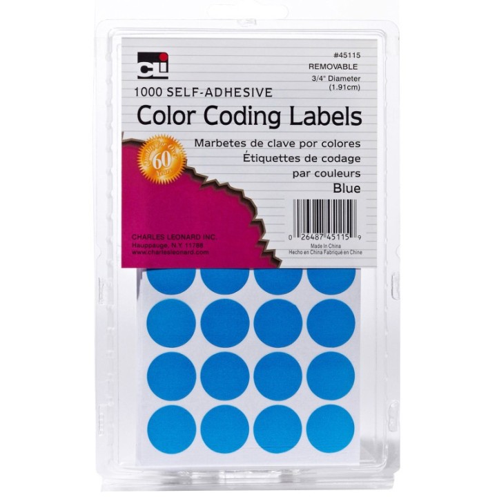 Charles Leonard Color Coding Dots, Self-Adhesive Labels, 0.75 Inch Diameter, Blue, Box of 1000