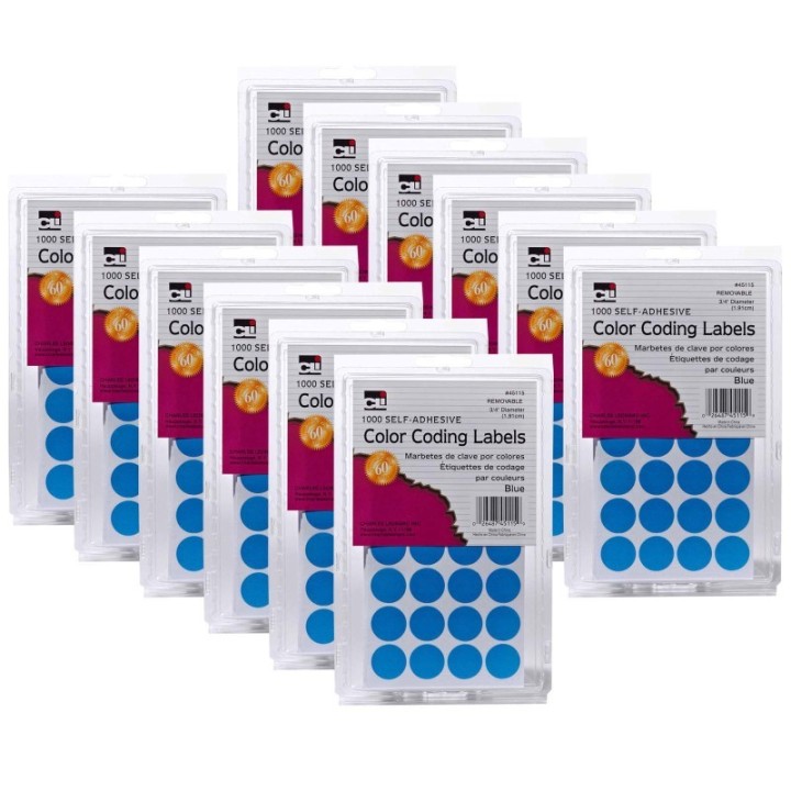 Charles Leonard Color Coding Labels, 3/4", Blue, 1000 Per Pack, 12 Packs