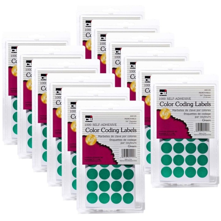 Charles Leonard Color Coding Labels, Green, 1000 Per Pack, 12 Packs