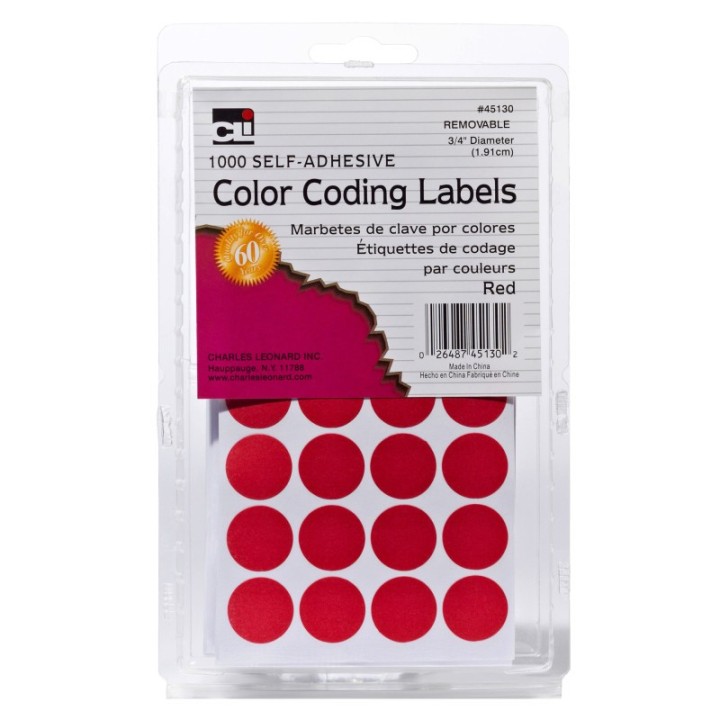 Charles Leonard Color Coding Dots, Self-Adhesive Labels, 0.75 Inch Diameter, Red, Box of 1000