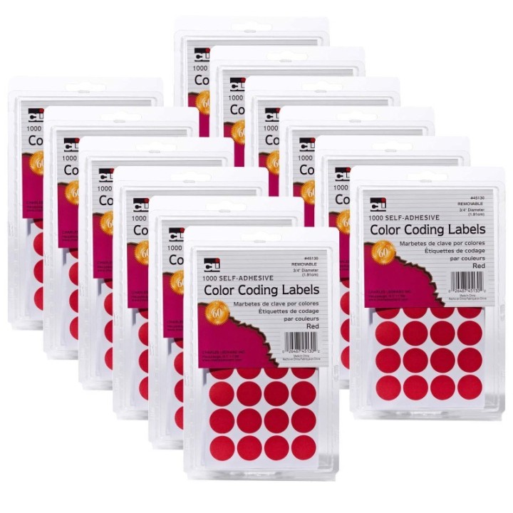 Charles Leonard Color Coding Labels, 3/4", Red, 1000 Per Pack, 12 Packs