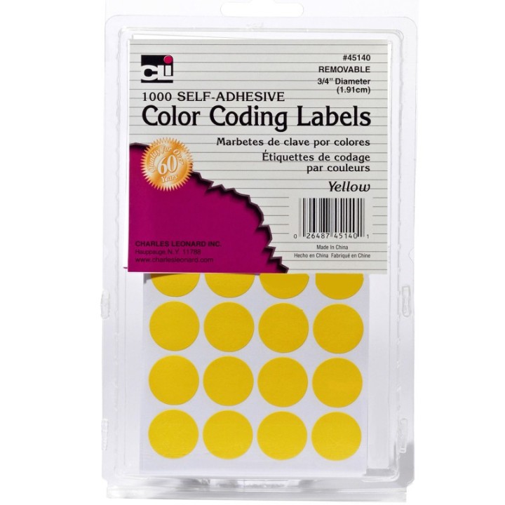 Charles Leonard Color Coding Dots, Self-Adhesive Labels, 0.75 Inch Diameter, Yellow, 1000-Count