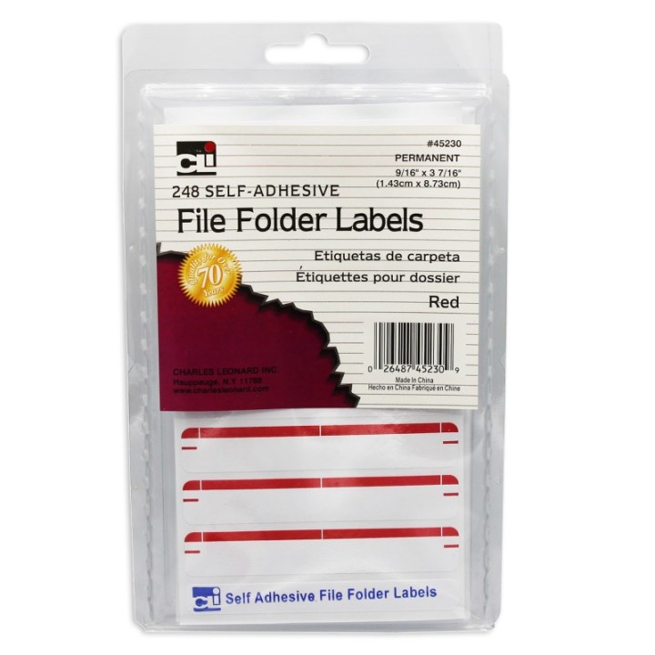 Charles Leonard File Folder Labels, Self-Adhesive, 0.56" x 3.43", Red, Box of 248