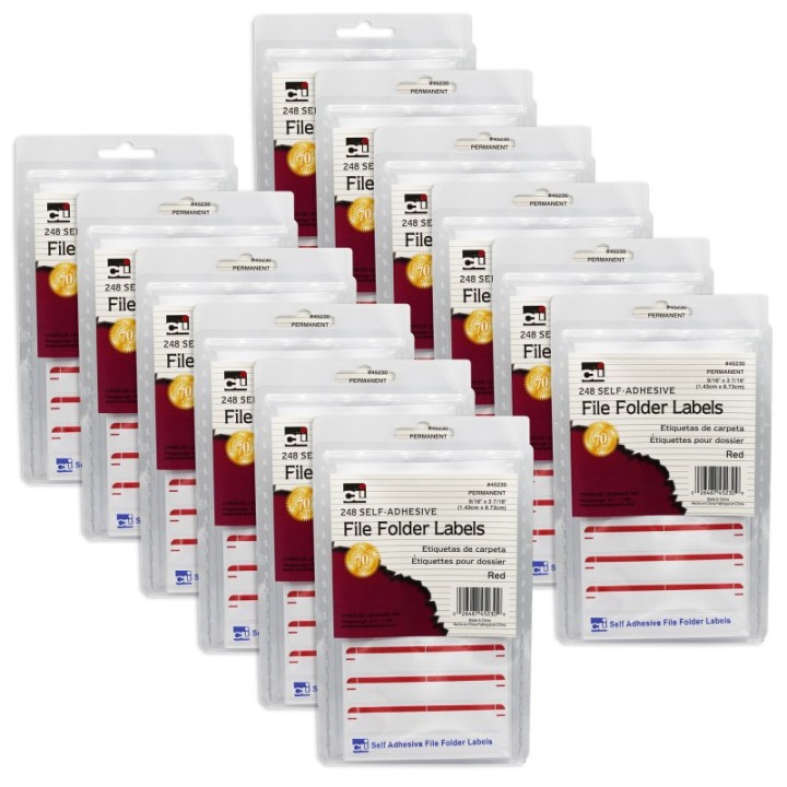 Charles Leonard File Folder Labels, Red, 248 Per Pack, 12 Packs