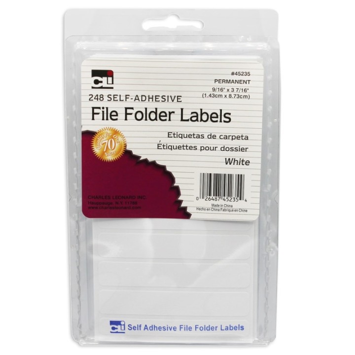 Charles Leonard File Folder Labels, Self-Adhesive, 0.56 x 3.43 Inches, White, 248-Count