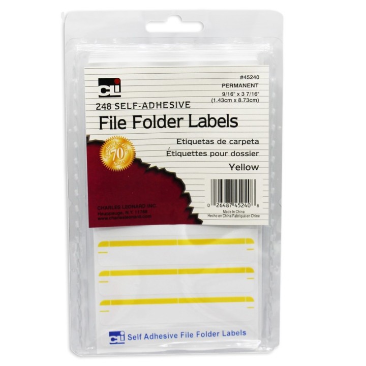 Charles Leonard File Folder Labels, Self-Adhesive, 0.56" x 3.43", Yellow, Box of 248