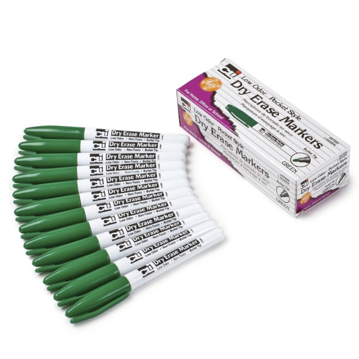 Charles Leonard Dry Erase Markers, Pocket Style, Green, Bullet Tip, Pack of 12