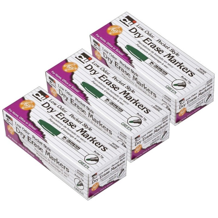 Charles Leonard Dry Erase Markers, Low Odor, Pocket Style, Bullet Tip, Green, 12 Per Box, 3 Boxes