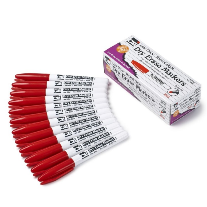 Charles Leonard Dry Erase Markers, Pocket Style, Red, Bullet Tip, Pack of 12