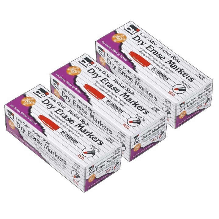 Charles Leonard Dry Erase Markers, Low Odor, Pocket Style, Bullet Tip, Red, 12 Per Box, 3 Boxes