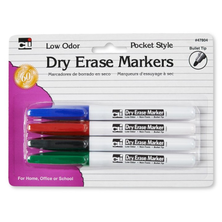 Charles Leonard Dry Erase Markers, 4 Colors, Bullet Tip, Pack of 4