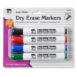 Charles Leonard Dry Erase Markers, Barrel Style, Low Odor, Chisel Tip, Assorted Colors, Pack of 4
