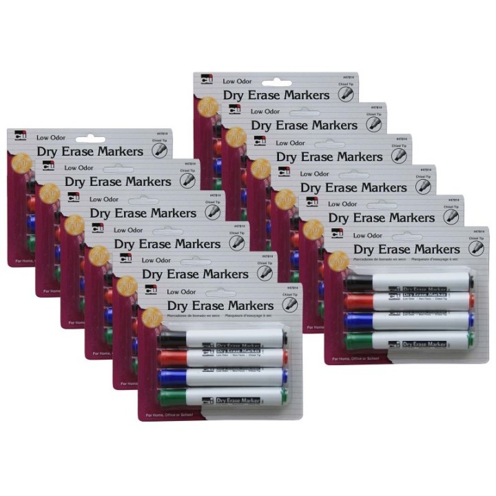 Charles Leonard Barrel Style Dry Erase Markers, Assorted Colors, Chisel Tip, 4 Per Pack, 12 Packs