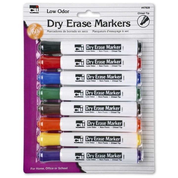 Charles Leonard Dry Erase Markers, Barrel Style, Low Odor, Chisel Tip, Assorted Colors, Pack of 8
