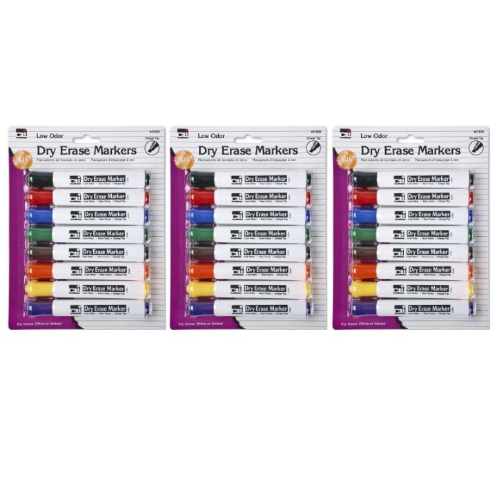 Charles Leonard Dry Erase Markers, Barrel Style, Low Odor, Chisel Tip, Assorted Colors, 8 Per Pack, 3 Packs