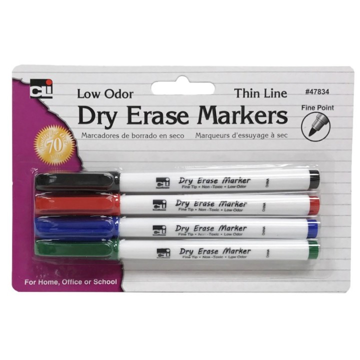 Charles Leonard Dry Erase Markers, Thin Line Style, Assorted Colors, Pack of 4