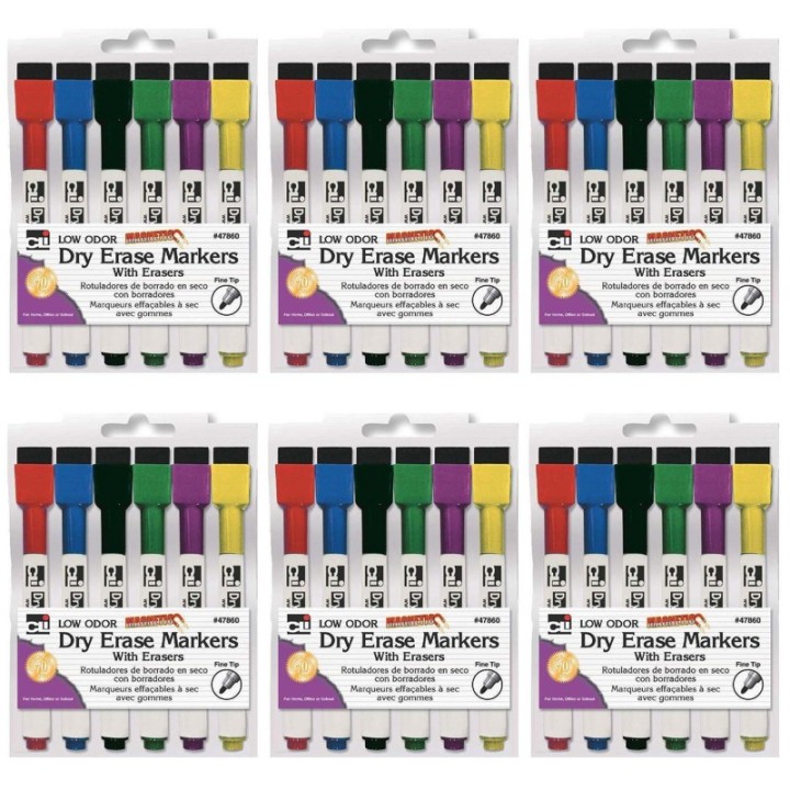Charles Leonard Magnetic Dry Erase Markers with Erasers, 6 Per Pack, 6 Packs