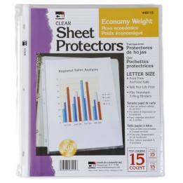 Charles Leonard Sheet Protectors, Top Loading with Binder Holes, 2 Mils Economy Weight, Letter Size, Pack of 15