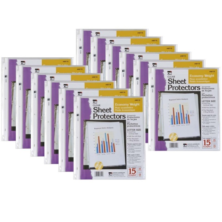 Charles Leonard Sheet Protectors, Economy Weight, Letter Size, Clear, 15 Per Packk, 12 Packs