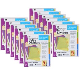 Charles Leonard Index Dividers, 5-Tab, Assorted Colors, 5 Per Pack, 12 Packs