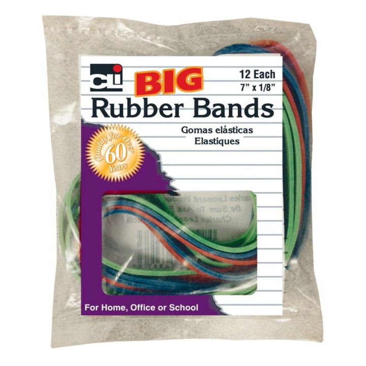 Charles Leonard Big Rubber Bands, 7" x 1/8", Pack of 12