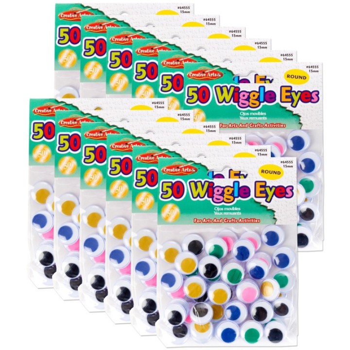 Charles Leonard Round Wiggle Eyes, 15mm, Assorted, 50 Per Pack, 12 Packs
