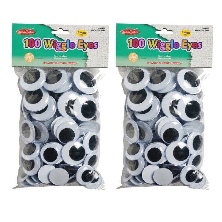 Charles Leonard Wiggle Eyes, Jumbo Round, Assorted Sizes, Black, 100 Per Pack, 2 Packs