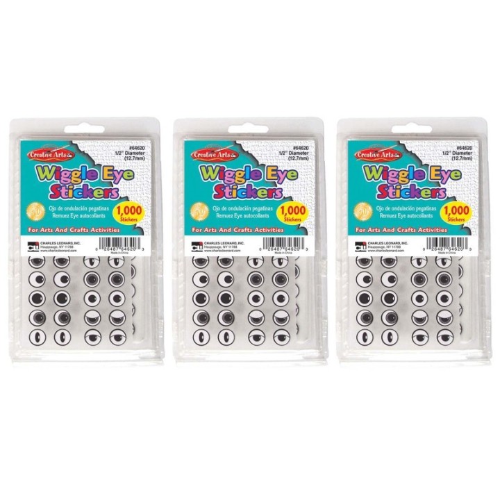 Charles Leonard Wiggle Eyes Stickers, Black, 1000 Per Pack, 3 Packs