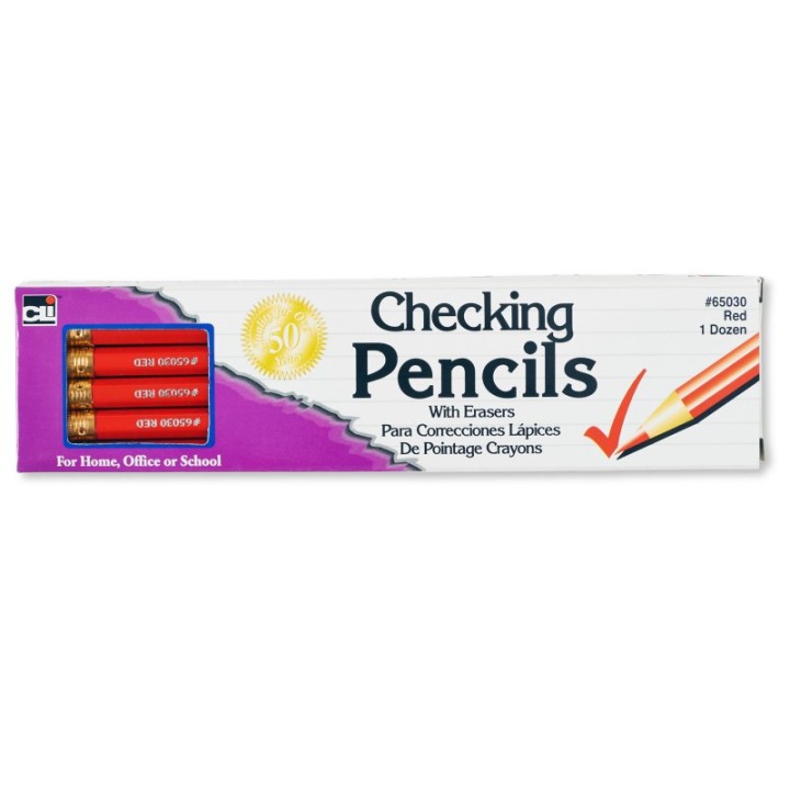 Charles Leonard Checking Pencil, Red Colored with Eraser, Box of 12