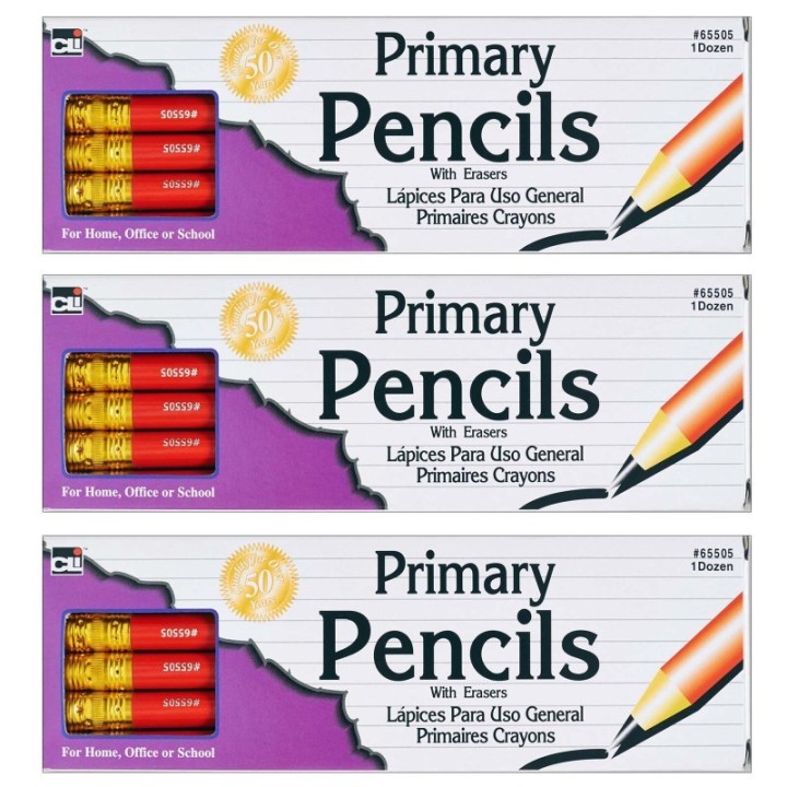 Charles Leonard Primary Pencil, 0.41", Red with Eraser, 12 Per Box, 3 Boxes