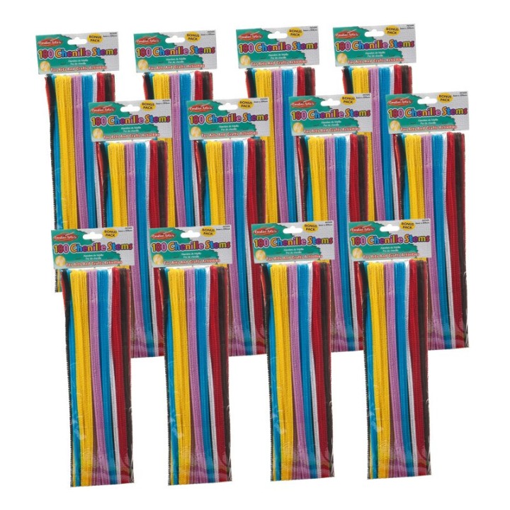 Charles Leonard Chenille Stems, Jumbo Fluffy Thick Stem, 6mm x 12", Assorted Colors, 100 Per Pack, 12 Packs