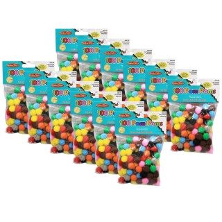 Charles Leonard Pom-Poms 1/2", Assorted Colors, 100 Per Pack, 12 Packs