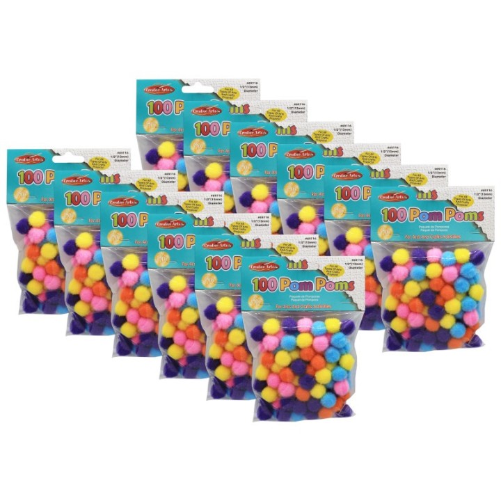 Charles Leonard Pom-Poms, 1/2", Hot Colors, 100 Per Pack, 12 Packs