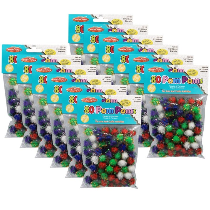 Charles Leonard Pom-Poms 1/2", Assorted Glitter Colors, 80 Per Pack, 12 Packs