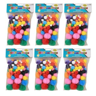 Charles Leonard Pom-Poms, Assorted Sizes/Colors, 100 Per Bag, 6 Bags
