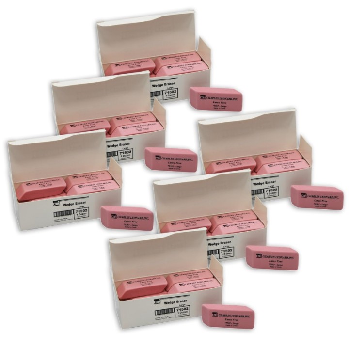Charles Leonard Eraser, Synthetic, Latex Free, Wedge Shape, Pink, Large, 12 Per Box, 6 Boxes