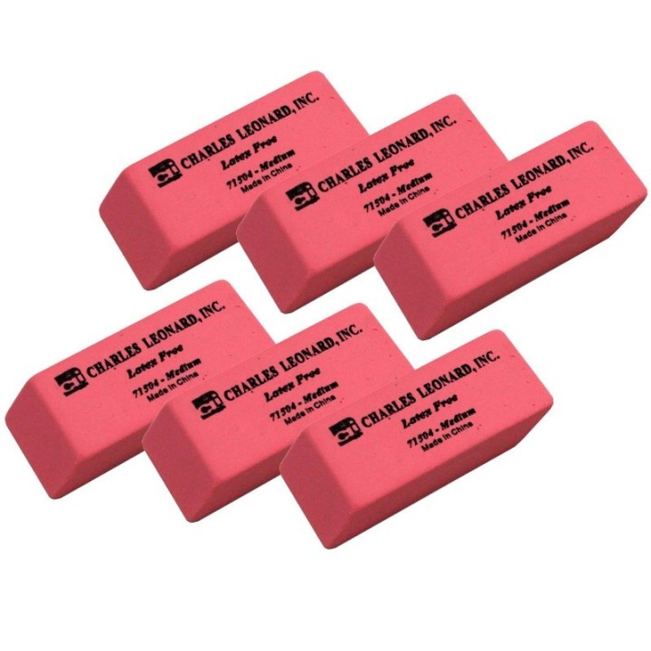 Charles Leonard Eraser, Synthetic, Latex Free, Wedge Shape, Pink, Medium, 24 Per Box, 6 Boxes