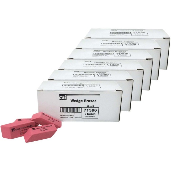Charles Leonard Eraser, Synthetic, Latex Free, Wedge Shape, Pink, Small, 36 Per Box, 6 Boxes