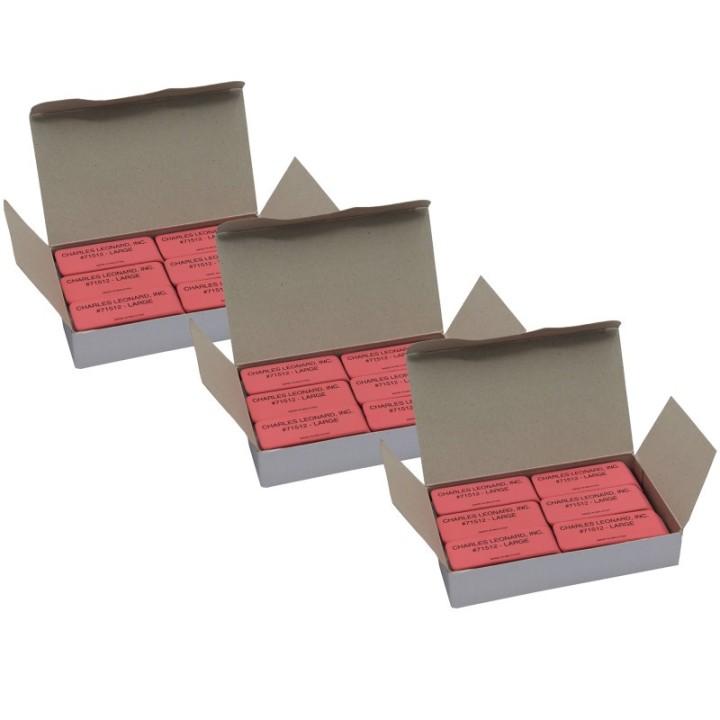 Charles Leonard Large Natural Rubber Pink Wedge Erasers, 12 Per Box, 3 Boxes