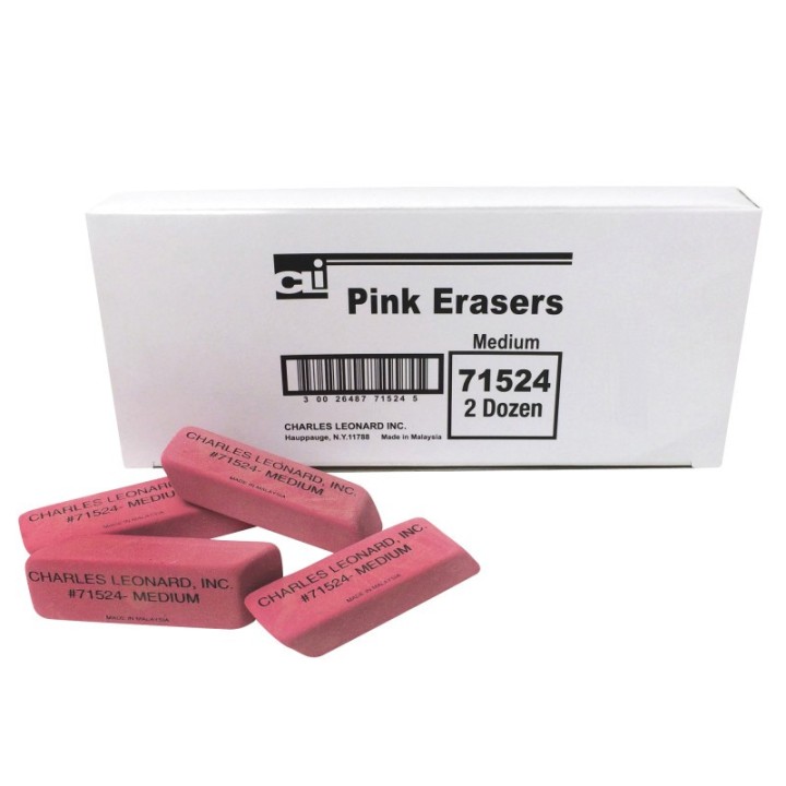 Charles Leonard Natural Rubber Wedge Pink Erasers, Medium, Box of 24