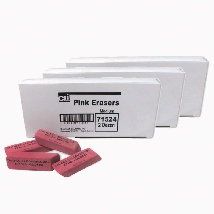 Charles Leonard Medium Natural Rubber Pink Wedge Eraser, 24 Per Pack, 3 Packs