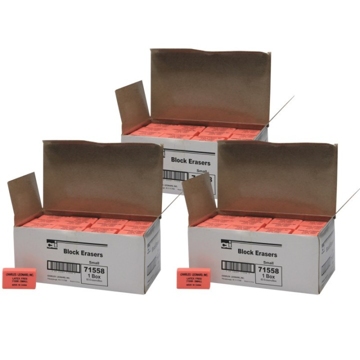 Charles Leonard Pencil Eraser - Synthetic - Latex Free - Block Shape - Small - 80 per Box, 3 Boxes