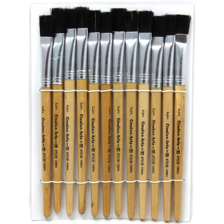 Charles Leonard Flat Tip Easel Paint Brushes, Short Stubby Handle, 0.50 Inch, Natural Handles, Black Bristles, 12/Pack
