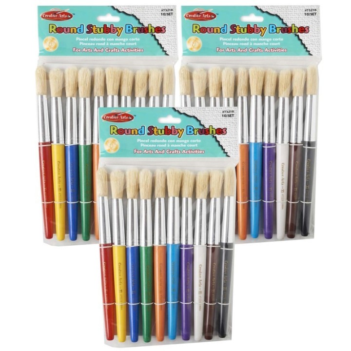 Charles Leonard Creative Arts Stubby Round Brushes, Assorted Colors, 10 Per Pack, 3 Packs